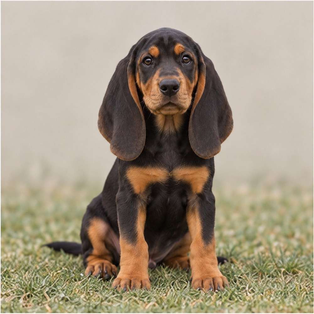 A sleek black and tan coonhound standing alert with its tail raised