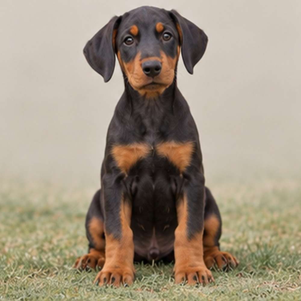 Sleek black and tan Doberman standing proudly with alert expression