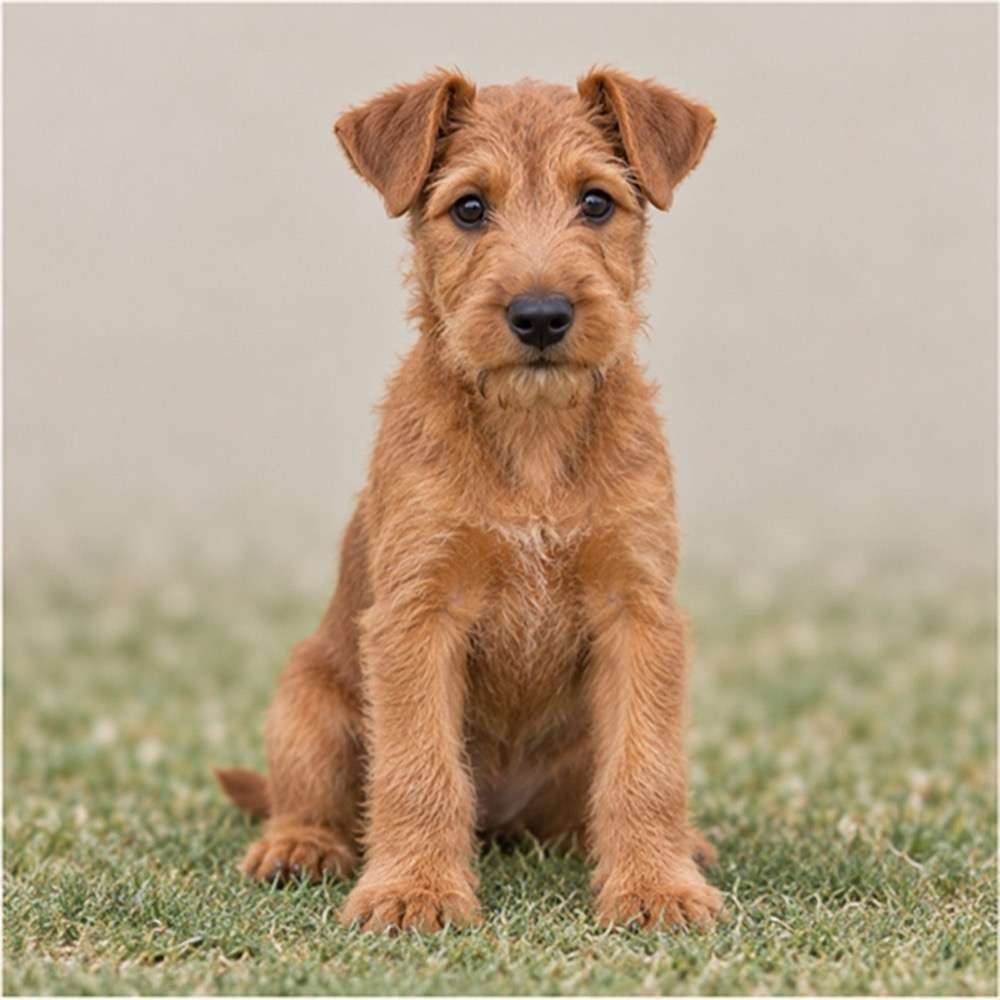 A spirited Irish Terrier with a wiry red coat, standing proudly