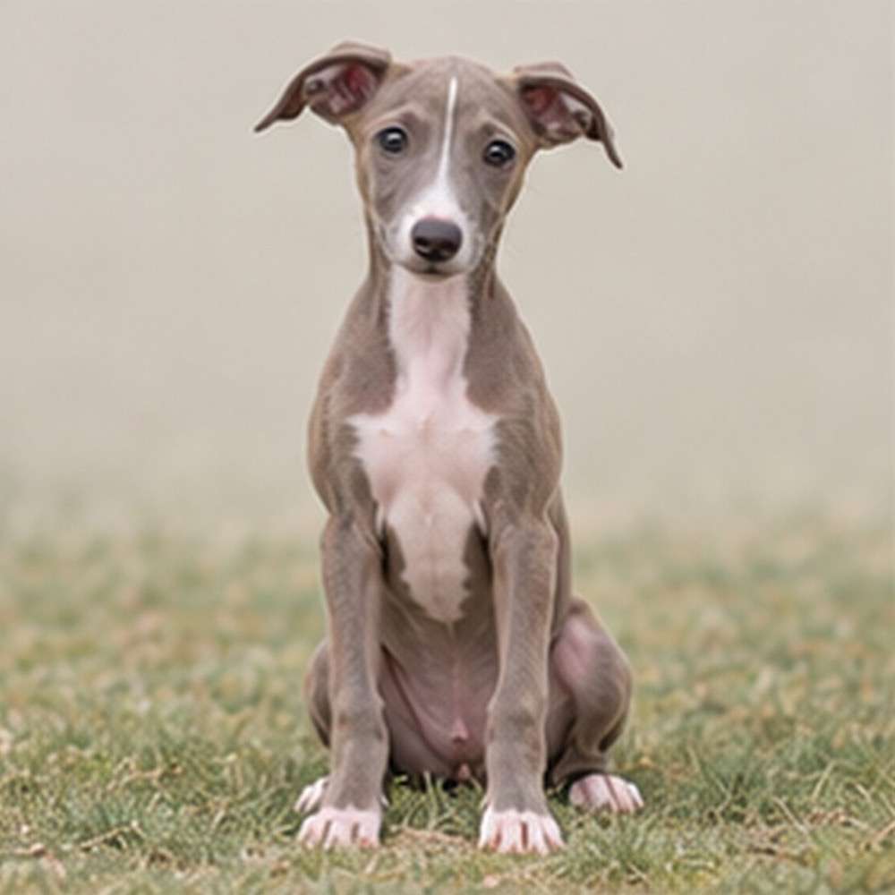 Elegant Italian Greyhound with sleek gray coat standing confidently on grass