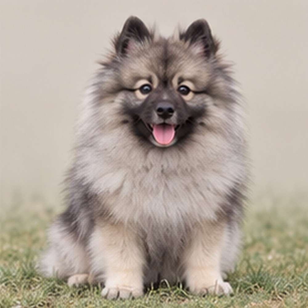 Fluffy gray and black dog with a thick coat and cheerful expression