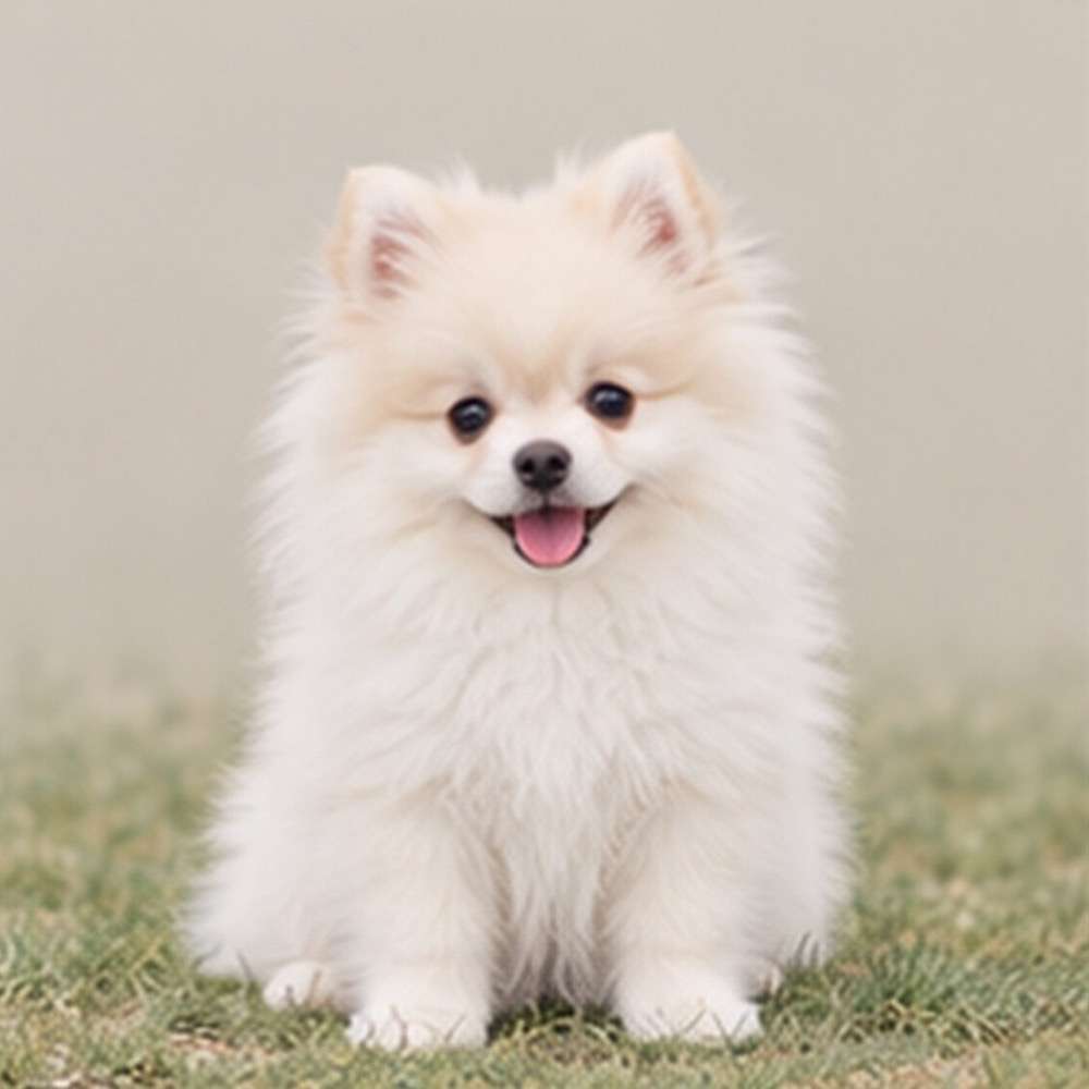 Fluffy white and tan dog standing attentively with a playful expression