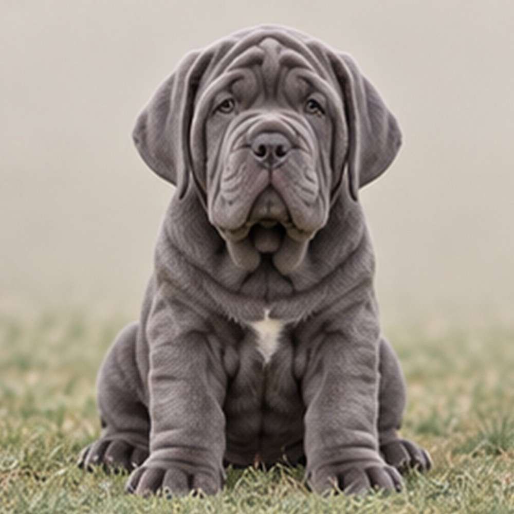 Large, wrinkled dog with a loose coat, standing proudly, grayish-brown color