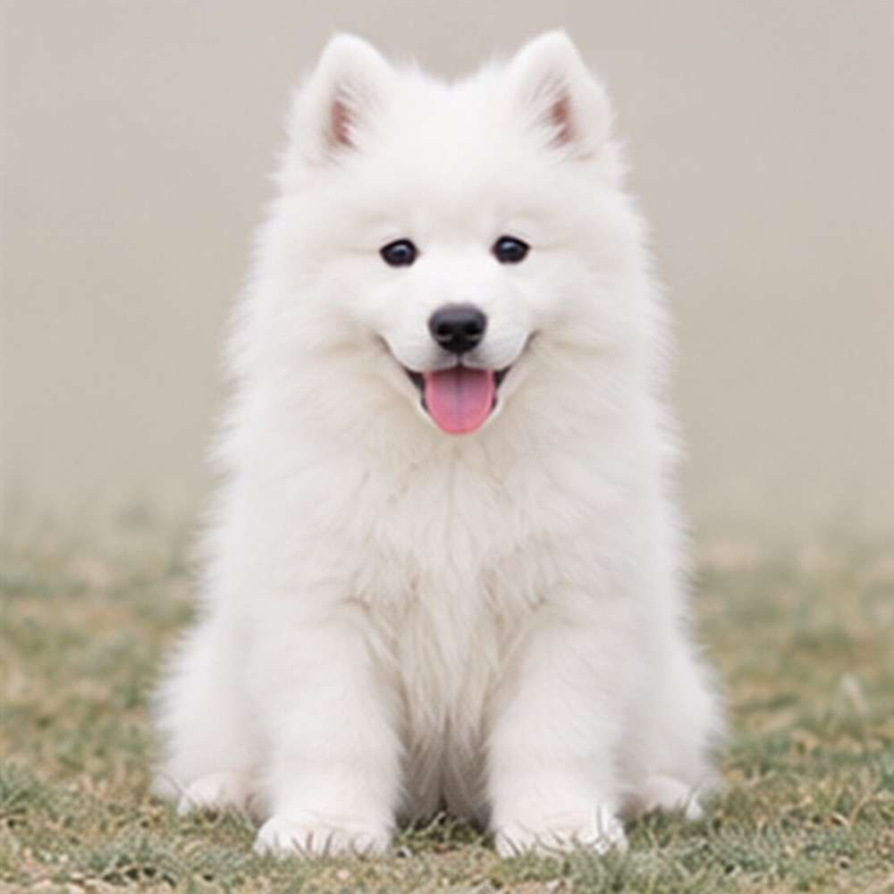 Fluffy white dog with a happy expression, standing proudly outdoors
