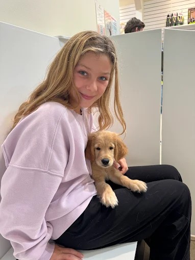 A young person seated with a golden puppy on their lap